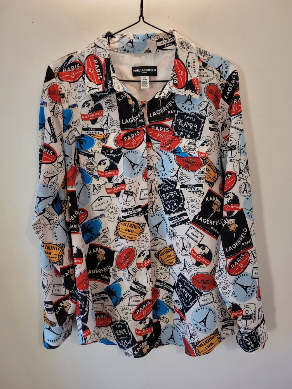 Karl Lagerfeld White Allover Print Button Down Shirt Blouse - Size M